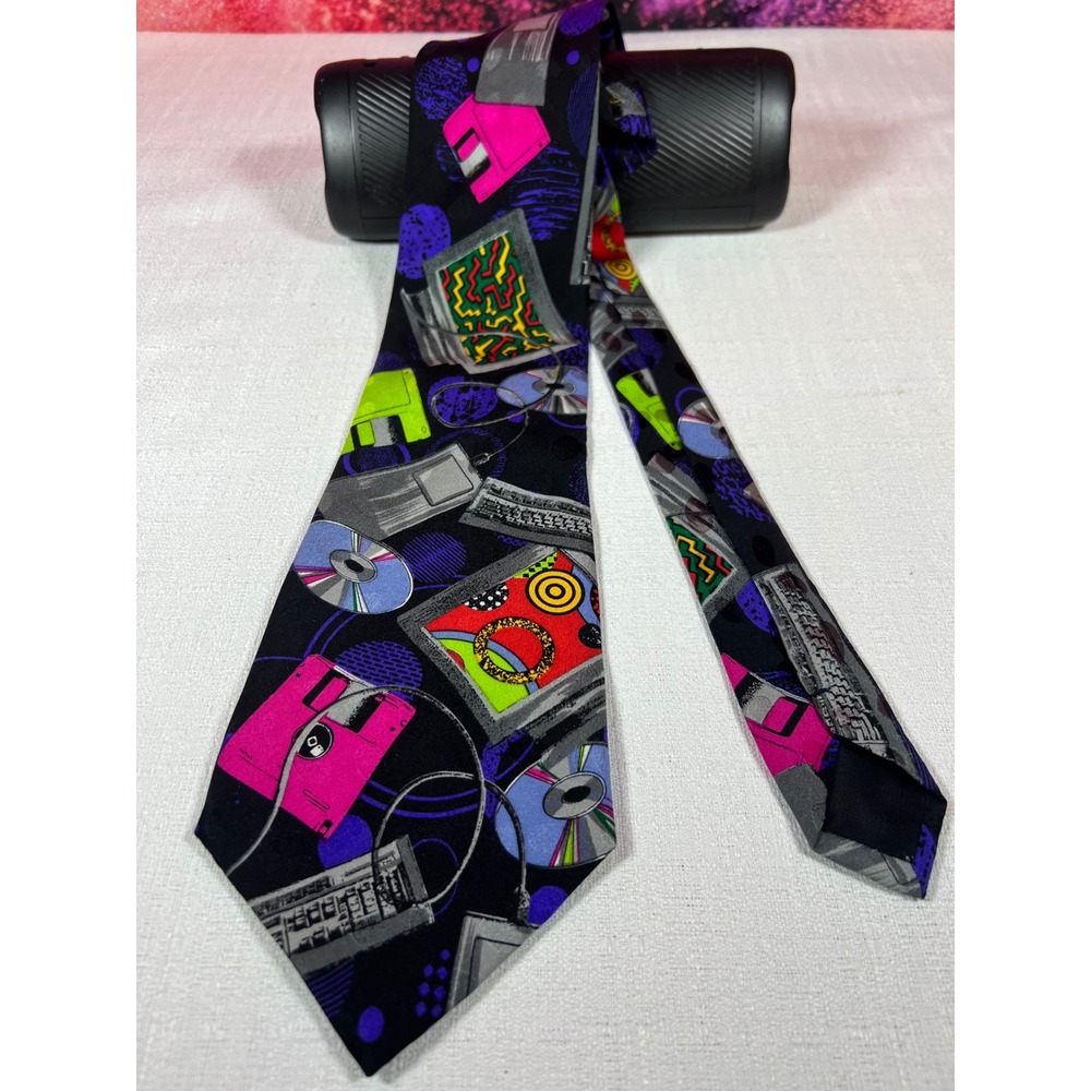Vintage Addiction Silk Tie 90s Tech Computer Floppy Disk CD Graphic Neon Retro